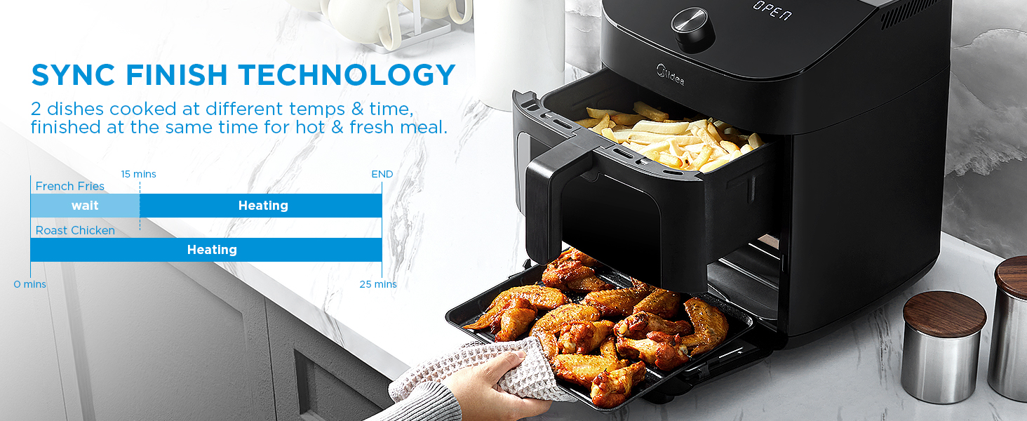 Midea 11 Quart 8-in-1 Dual Deck Air Fryer with 2 Independent Frying Baskets, Smart Sync Finish