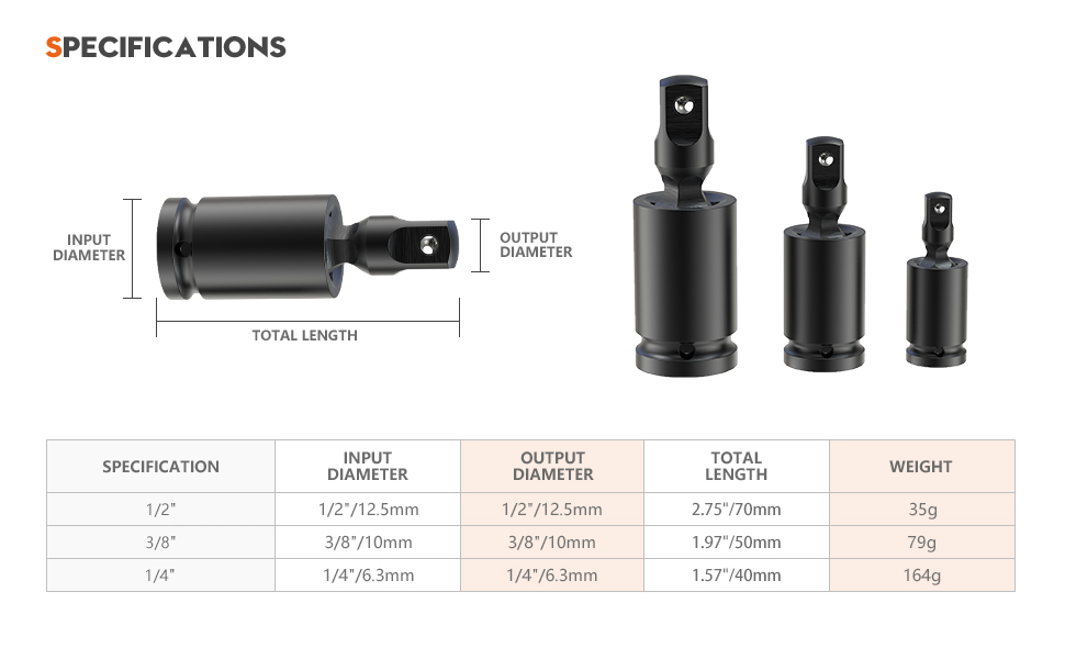 3pcs Impact Universal Joint Socket Adapter Set Ratchet Swivel Socket
