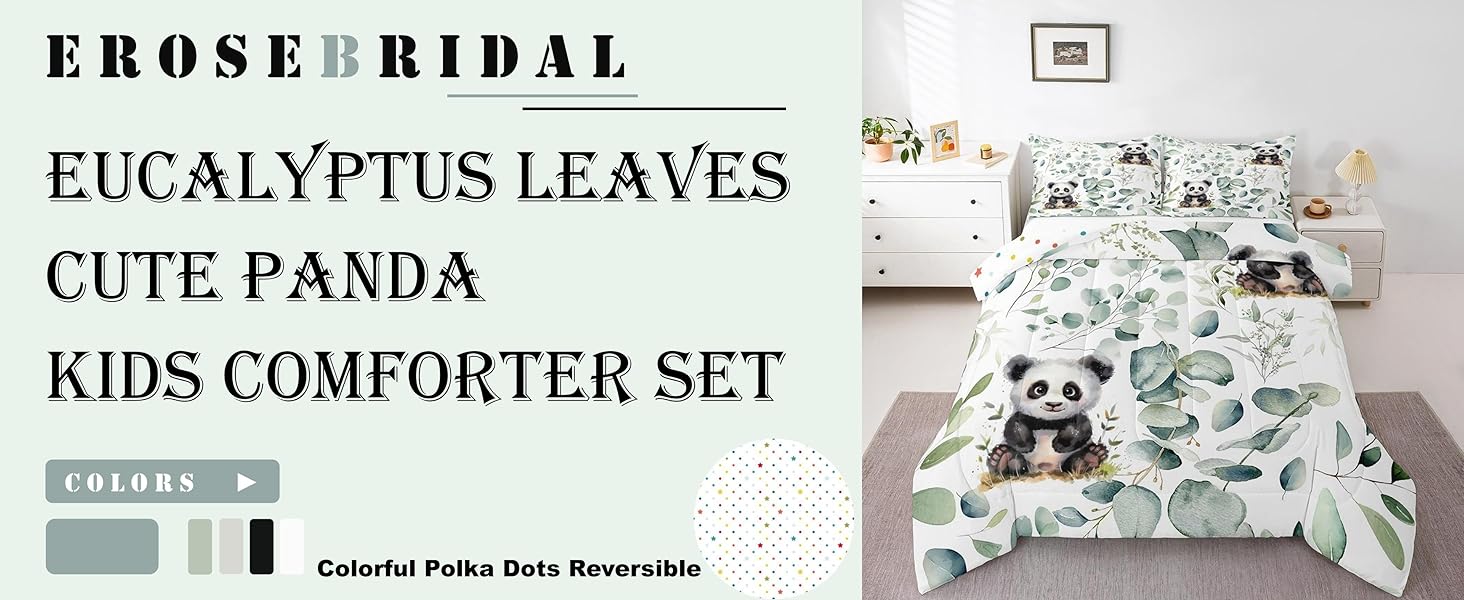 Erosebridal Cute Panda Bedding Twin Size for Kids Child Green Eucalyptus Comforter Set Twin
