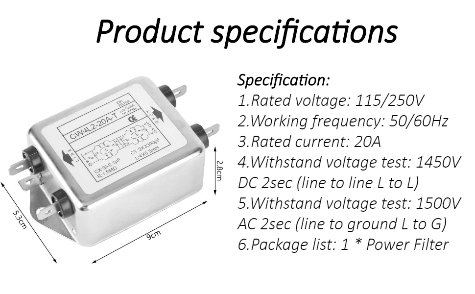 CW4L220AT EMI Filter 20A 115V/250V 50/60Hz, Power Filter Terminal