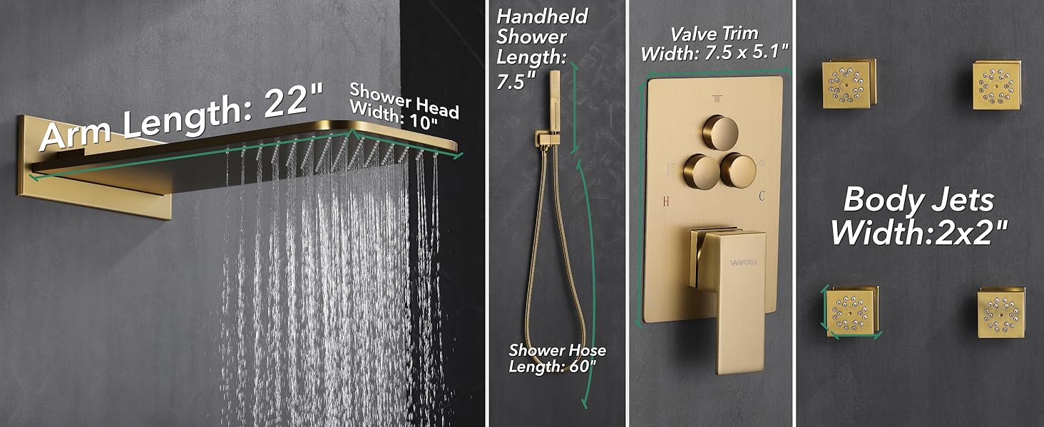 VANFOXLE Shower Faucet Set Brushed Gold Shower System,Push Button