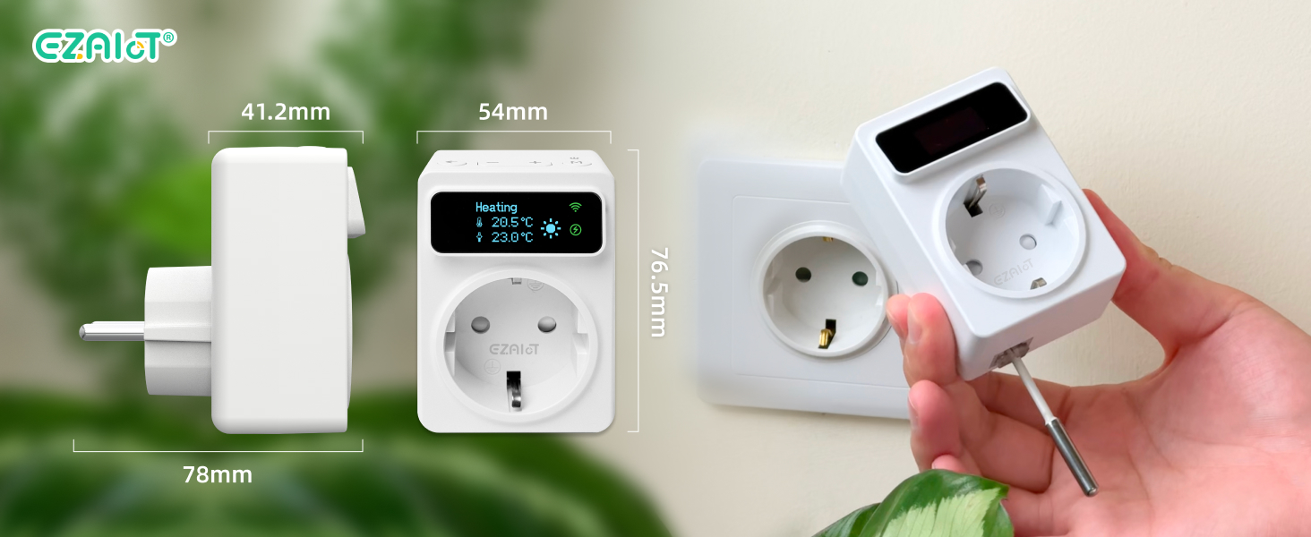 Intelligentes Steckdosengerät mit Digitalanzeige, das mehrere Steckdosenkonfigurationen und Abmessungen von 78 mm und 54 mm anzeigt