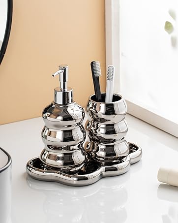 Silver Bathroom Accessory Set, 3-Piece Ceramic Bath Accessories Set