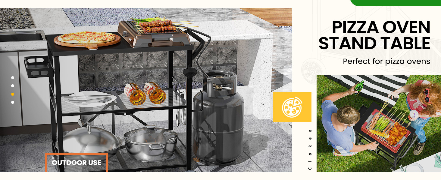 Folding Grill Cart, Metal Pizza Oven Stand Table with 2