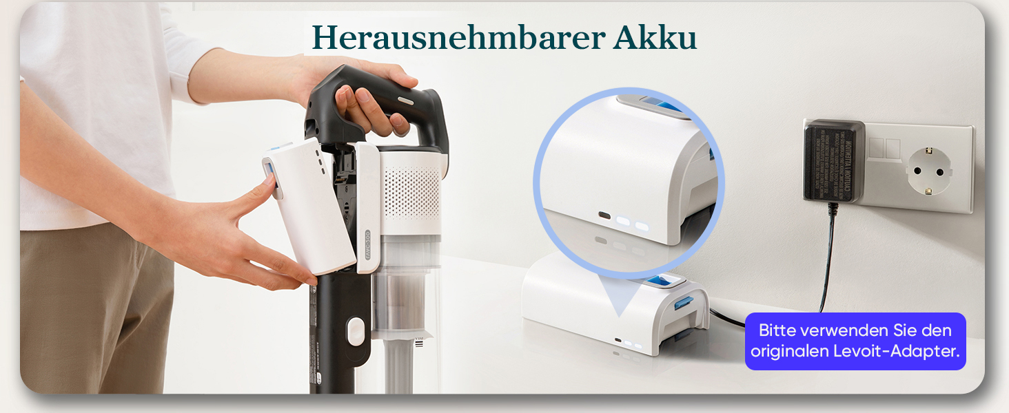 Der Text lautet „Herausnehmbarer Akku“. Mehrere Bilder zeigen den Aus- und Einbauvorgang einer Batterie oder eines Bauteils.