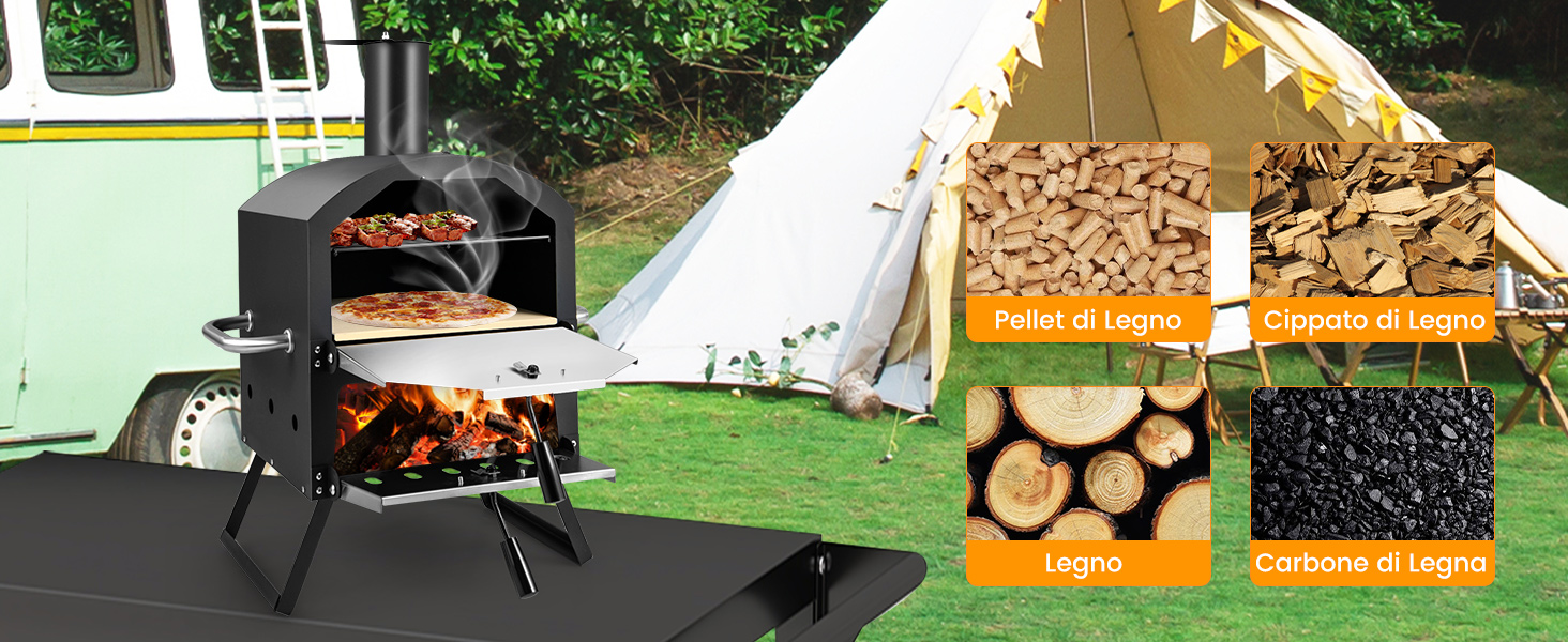 Forno per pizza da esterno con due livelli di cottura, all'interno brucia legna. Nelle vicinanze, le immagini di pellet di legno, pezzi e carbone sono mostrate