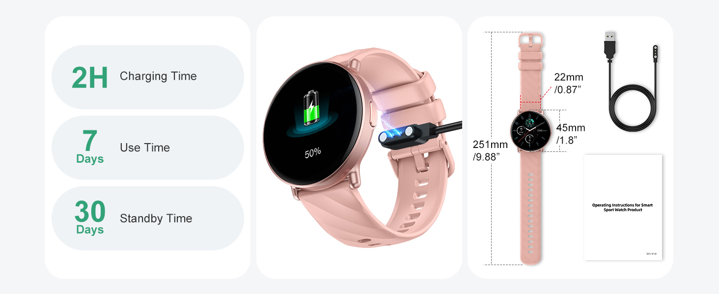 Rose gold smartwatch with round display, showing battery specifications of 2H charging time, 7 days use time, and 30 days standby time.