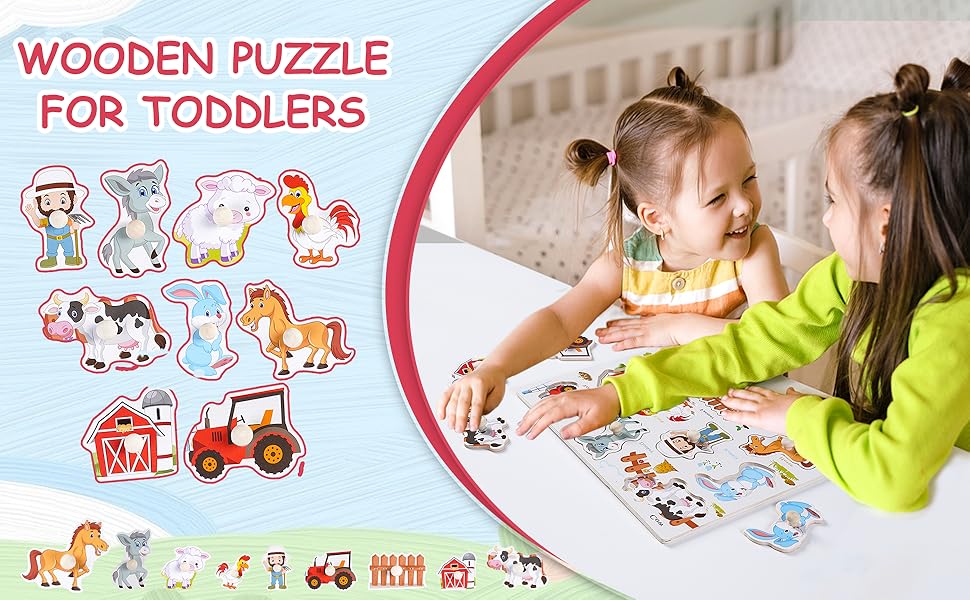 Yilakla Wooden Puzzles & Whiteboard 2 in 1 Toys for 1 Year Old, Yilakla Farm Animals Peg Puzzles