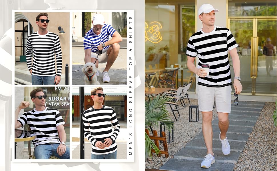 Collage of five images showing a man wearing a black and white striped t-shirt in different poses and settings.