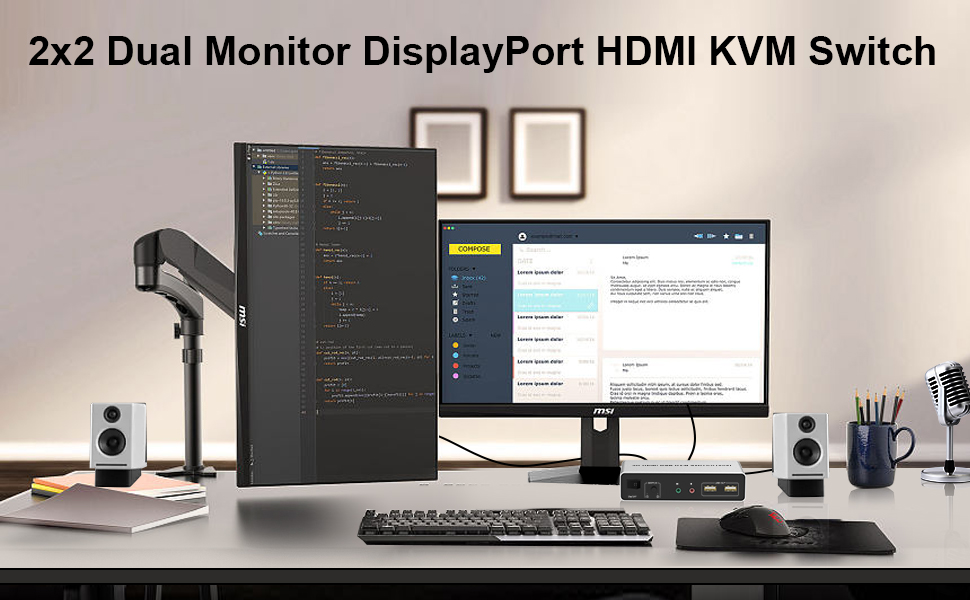 Dual Monitor KVM Switch HDMI + DisplayPort 4K60Hz 2 in 2