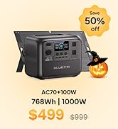 BLUETTI AC70 Solar Generator with 100W Solar Panel (Ships Separately), 768Wh Portable Power Stati...