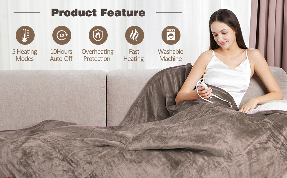 Heated Blanket Electric Throw, Soft Flannel & Comfort Sherpa Electric Blanket, Fast Heating 6