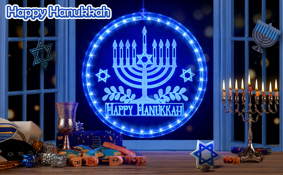 Hanukkah Decorations Window Lights, 8.3" Blue Hanukkah Menorah Star of David