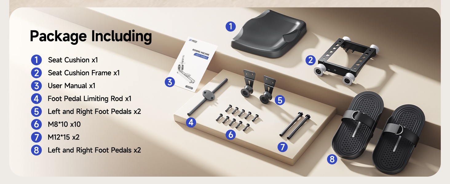 Disassembled components of an exercise equipment set including cushions, frame parts, pedals, tools, and instruction manual laid out on a beige surface.