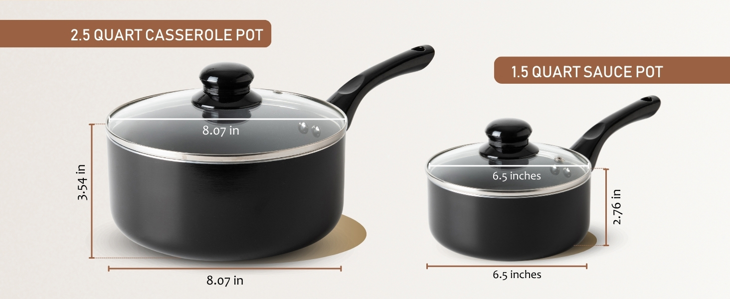 2.5 quart casserole pot and 1.5 quart saucepot with lids, pan dimensions top view
