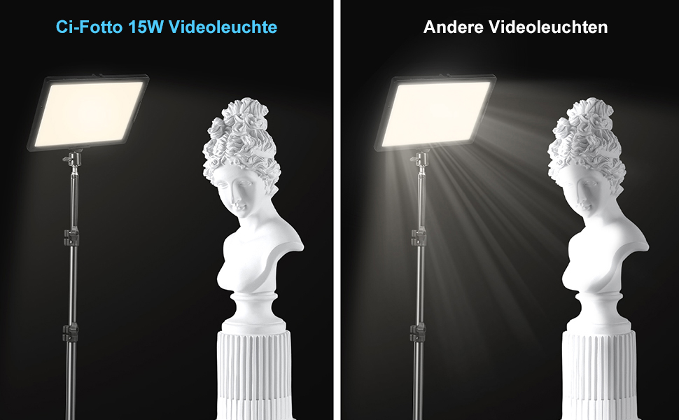 Vergleich zweier Beleuchtungsanordnungen zur Beleuchtung einer weißen Büstenskulptur. Das linke Bild zeigt eine gleichmäßige Beleuchtung, das rechte zeigt eine dramatische Seitenbeleuchtung.
