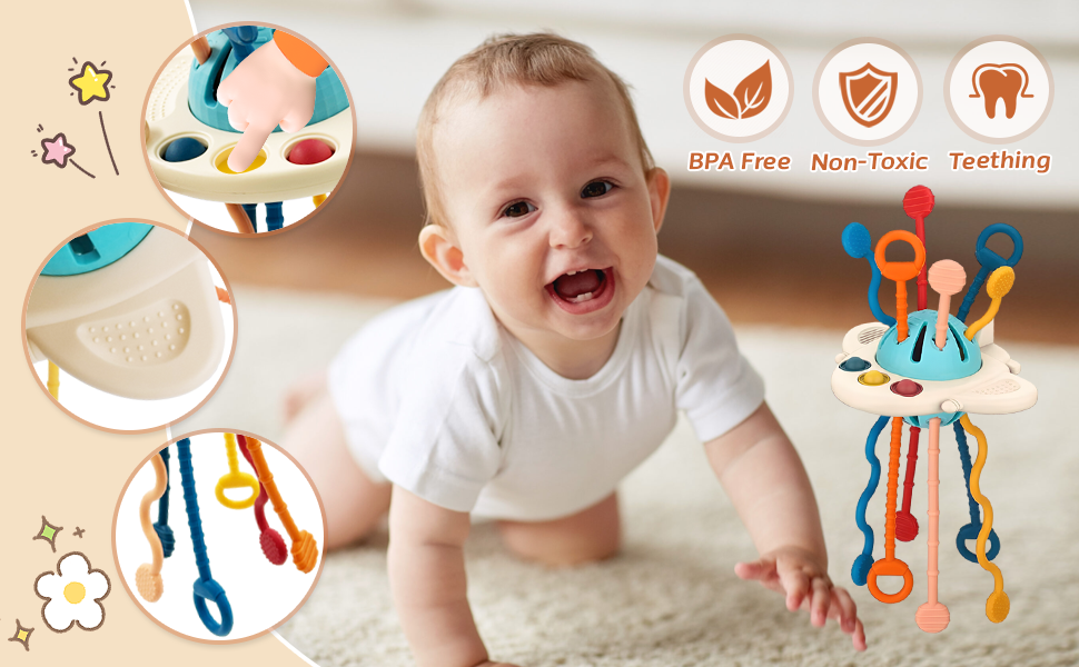 Baby teething toy promotional image showing BPA-free, non-toxic features with circular detail views of colorful toy parts and safety features.