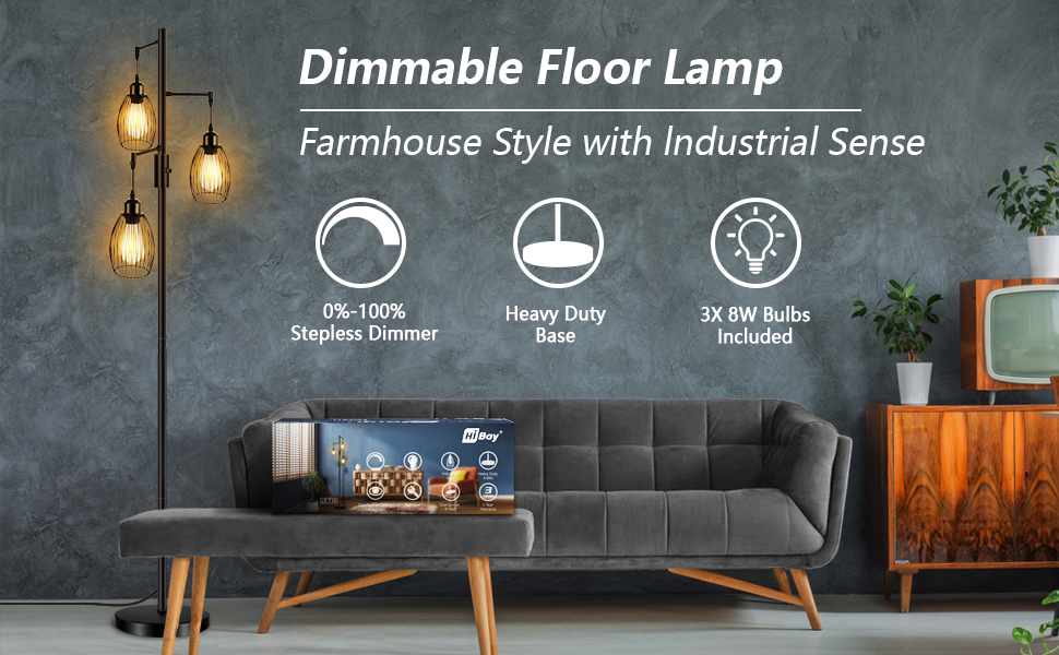 Industrial farmhouse floor lamp with three hanging Edison bulbs, featuring stepless dimming, heavy-duty base, and 3x 8W bulbs included, shown in modern living room setting.