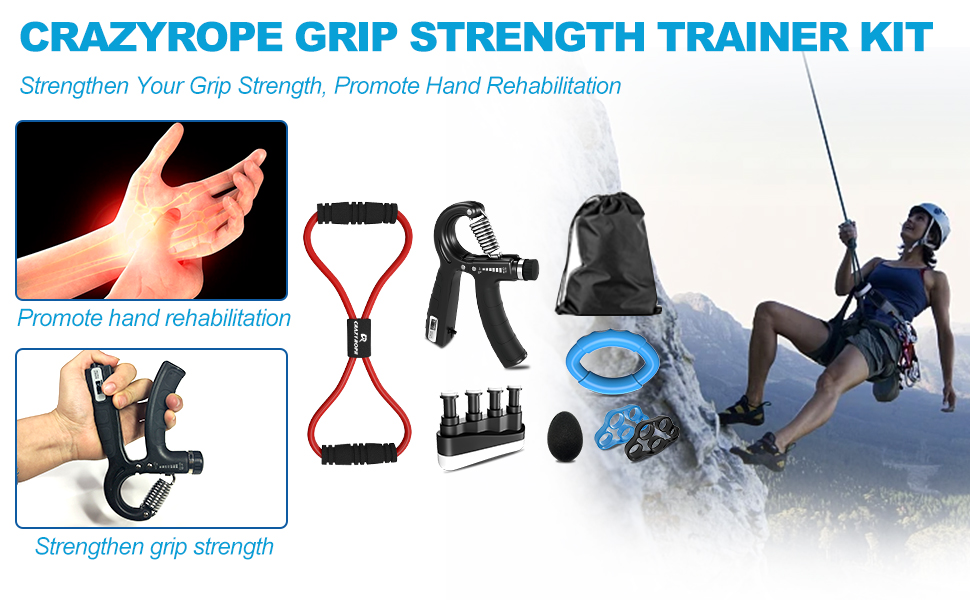 CRAZYROPE Grip Strength Trainer Kit with Counter (8 Pack), Adjustable