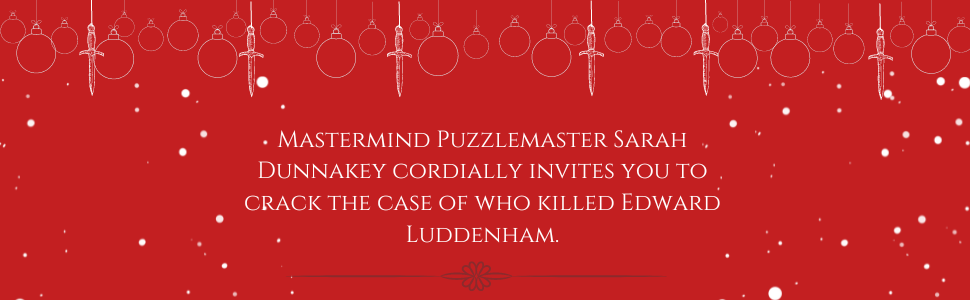 Banner image with hanging baubles and falling snow. 12 Murders of Christmas. Puzzle Book.