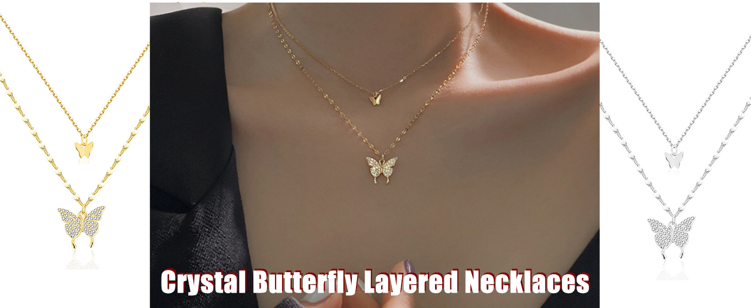Crystal Butterfly Layered Necklaces for Women Dainty Layering Pendant Necklace Adjustable CZ Animal