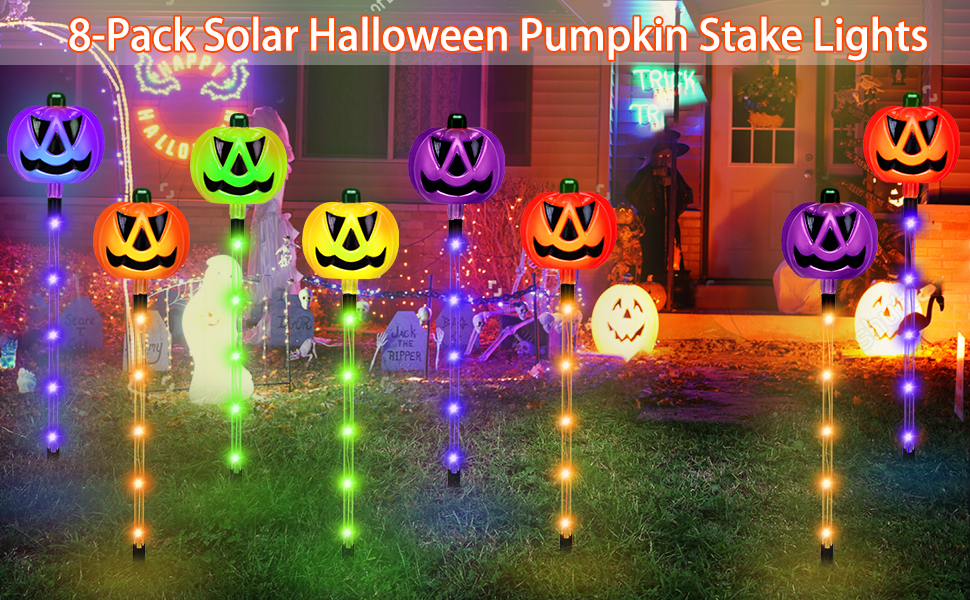 Set of 8 Solar Halloween Pathway Lights Outdoor, Pumpkin