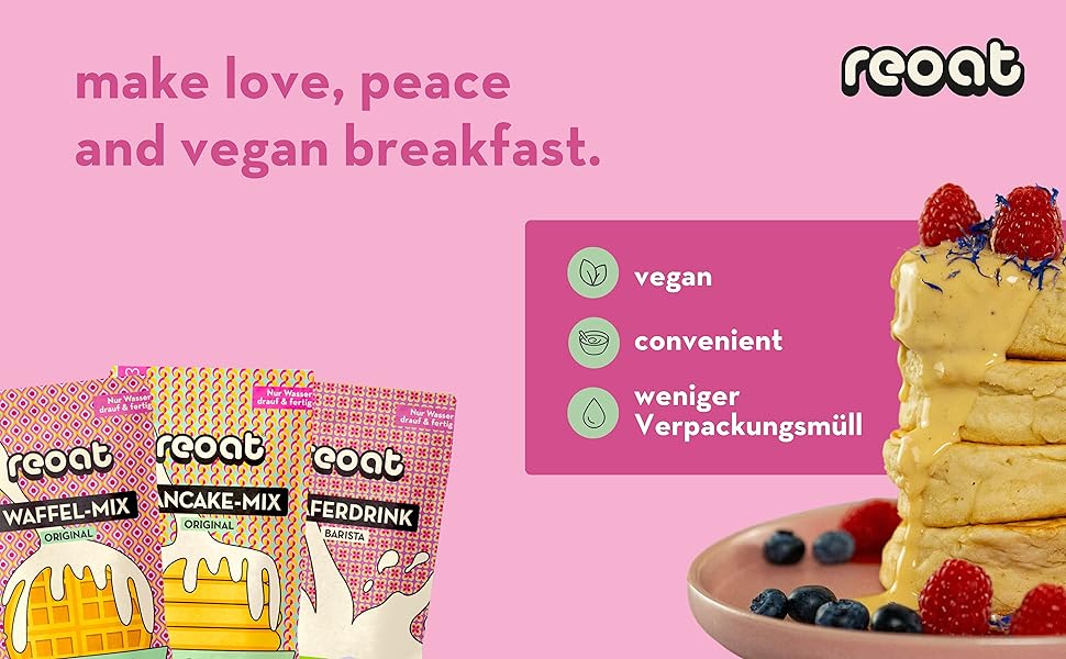 Fluffige Pancakas gestapelt reoat Vorteile vegan, weniger Verpackungsmüll und convenient.