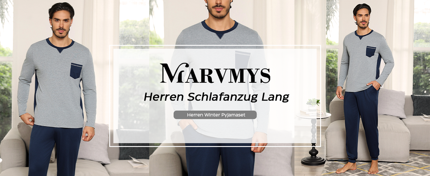 Herren Schlafanzug Lang Baumwolle Winter Pyjama Set Rundhals Schlafanzüge Männer Langarm