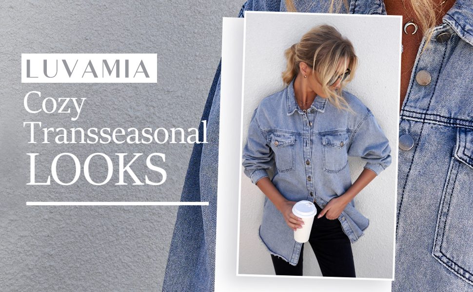luvamia Denim Jacket for Women Button Up Frayed Hem Shacket Long Sleeve