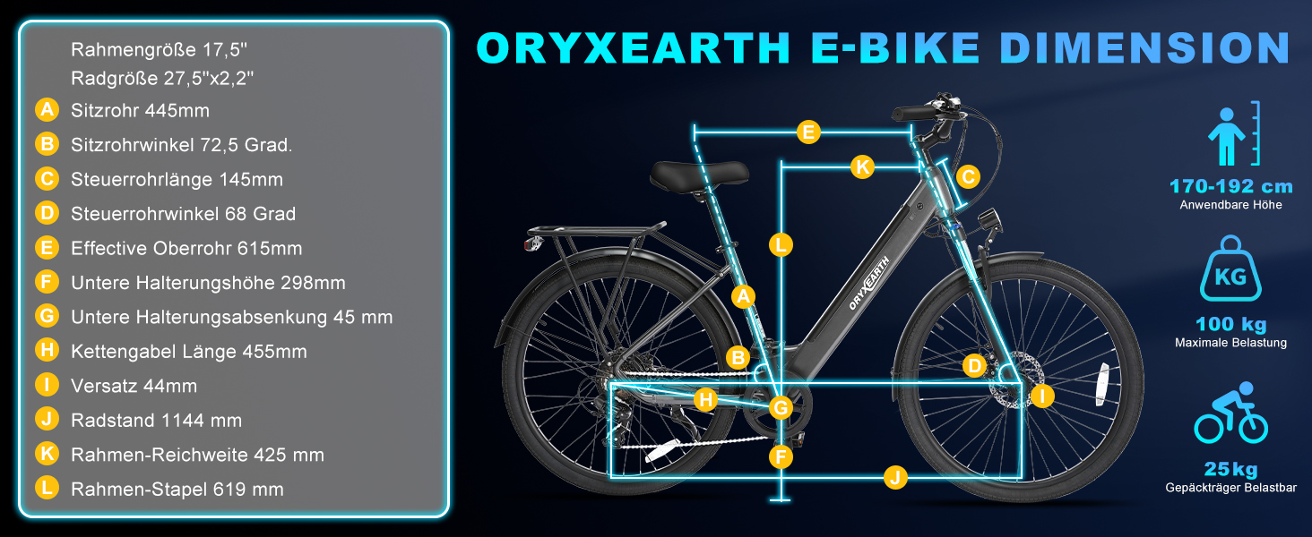Das technische Diagramm mit dem Titel „OXYEARTH E-BIKE DIMENSION“ zeigt detaillierte Fahrradmaße und -spezifikationen mit blauen Markierungen auf schwarzem Hintergrund.