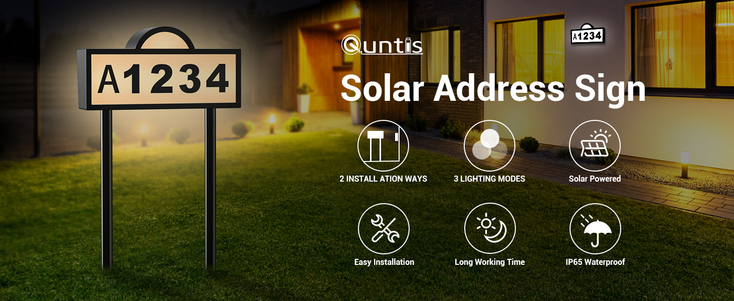 Quntis Solar House Numbers, 3 Modes Light Address Sign Solor Powered, Dual installation Address