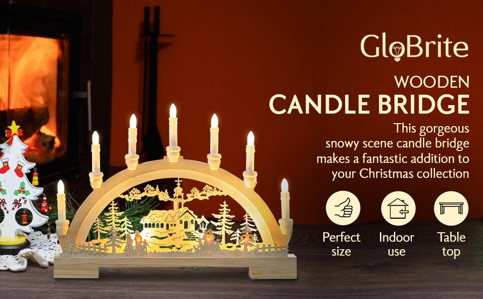 GloBrite Wooden Candle Bridge with 7 White LED Candles Battery LED