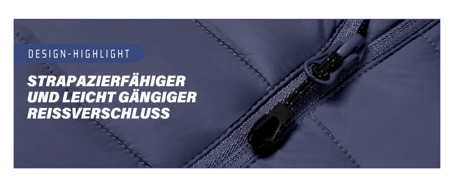 Der Text lautet „DESIGN-HIGHLIGHT“, „STRAPAZIERFÄHIGER“, „UND LEICHT GÄNGIGER REISSVERSCHLUSS“. Marineblauer Stoff oder Material mit Reißverschluss in Nahaufnahme.