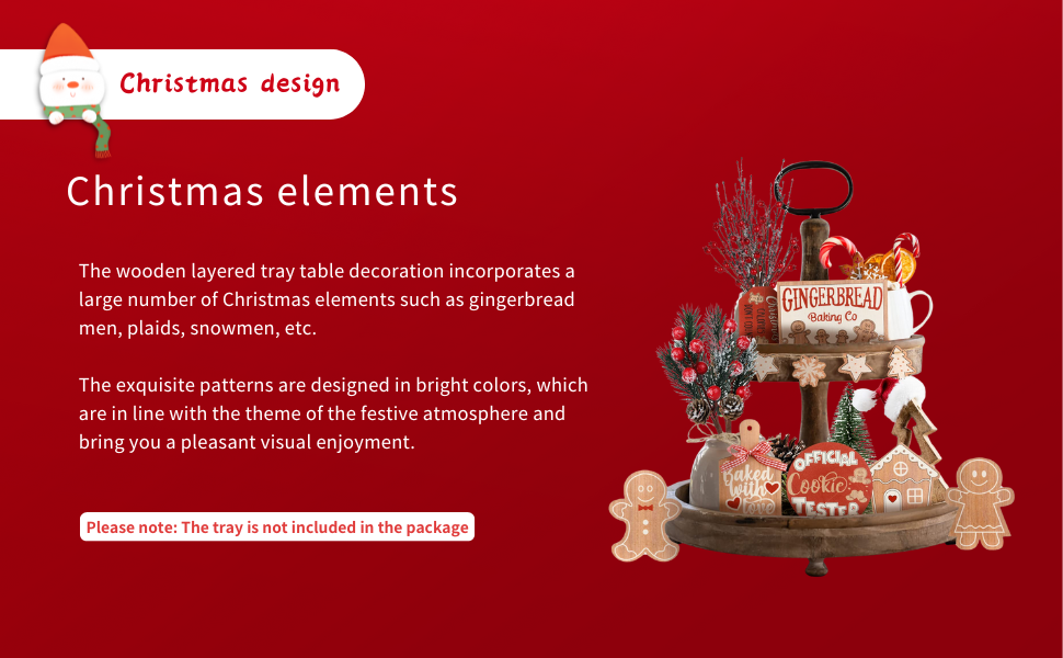 Decorative Christmas tray display featuring gingerbread figures, festive ornaments, and holiday-themed items arranged on wooden layered surfaces.