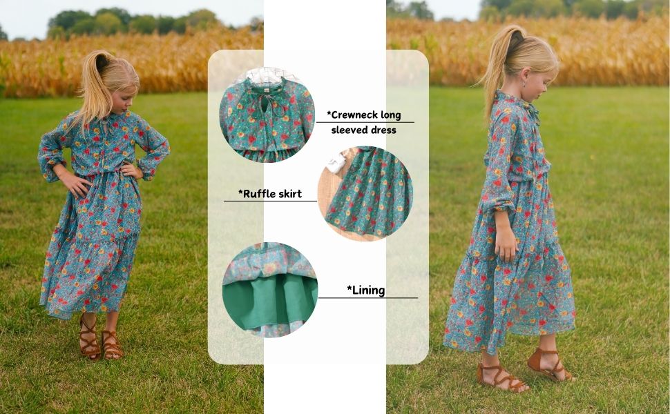 Girls Fall DressLong Lantern Sleeve V-Neck Floral Printed Smocked Waist Maxi Dresses Holiday 
