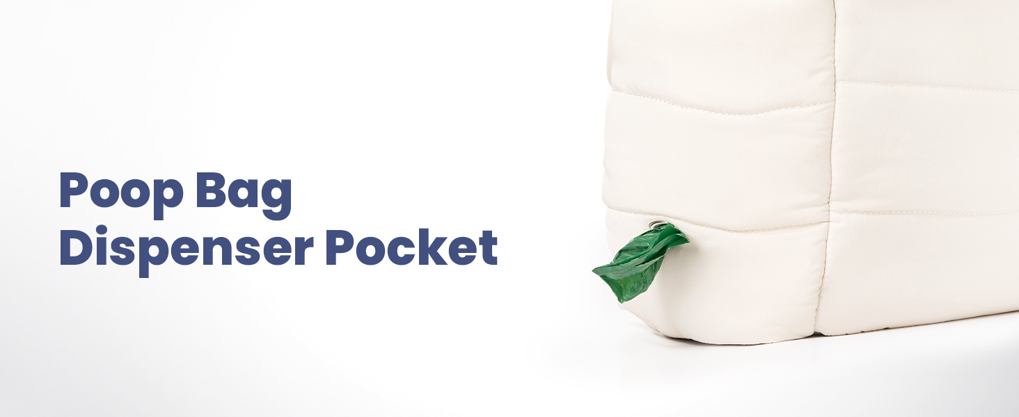 Close-up of green poop bag in dispenser pocket of beige tote