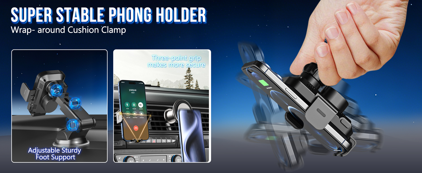 Super Stable Phone Holder advertisement showing three panels demonstrating a black adjustable phone mount with clamp mechanism for vehicle use.