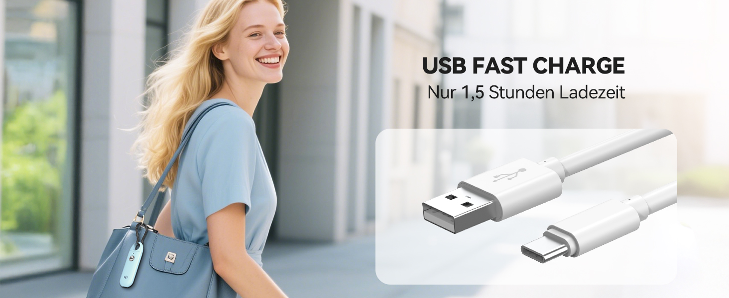 Der Text lautet „USB FAST CHARGE“. Zusammengesetztes Bild, das ein USB-Ladekabel und jemanden zeigt, der beim Gehen ein blaues Gerät benutzt.