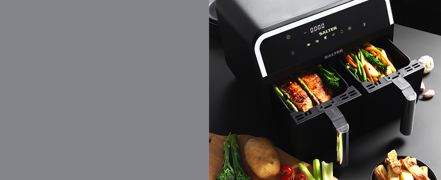 Salter EK4750 Dual Air Fryer Double Drawer Fat Free Fryer, NonStick