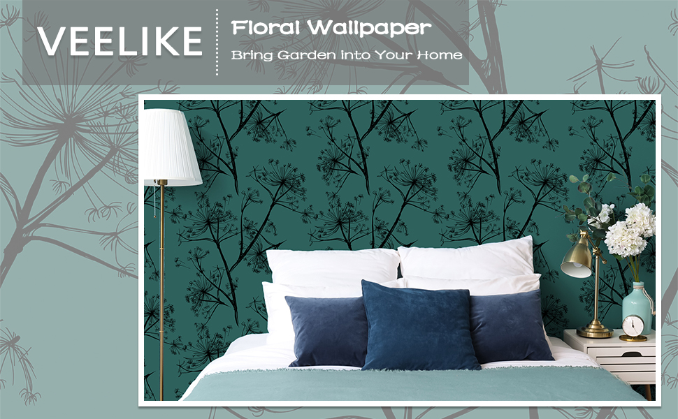 VEELIKE Teal Herbs Floral Wallpaper Self Adhesive Green Leaf Wallpaper