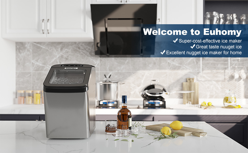 EUHOMY Nugget Ice Maker Countertop, 30lbs/Day, 2 Way Water