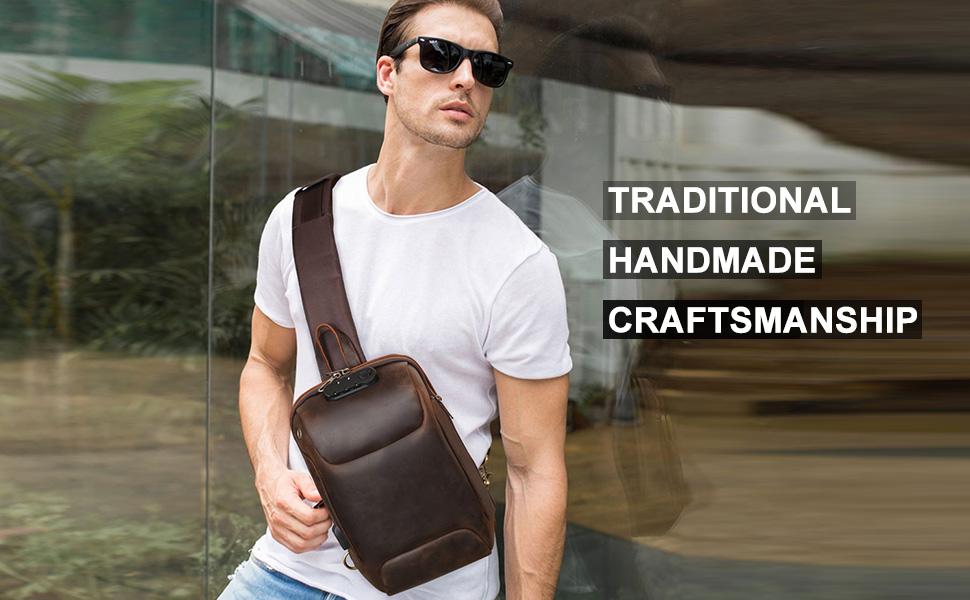 anti theft leather sling backpack bag for men with combination lock brown