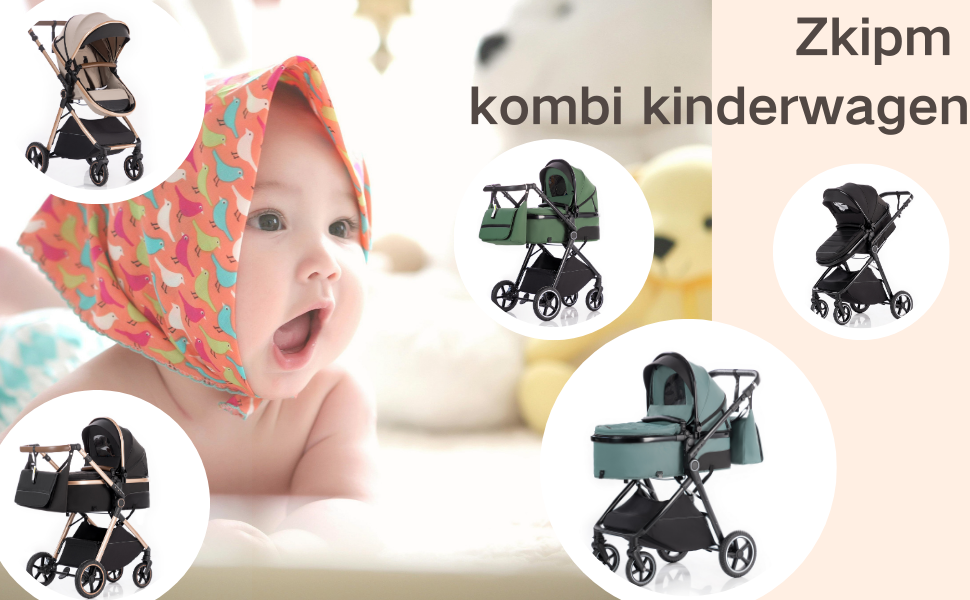 Text reads 'Zkipm kombi kinderwagen'. Product showcase of various stroller models and configurations, displaying different angles and features.