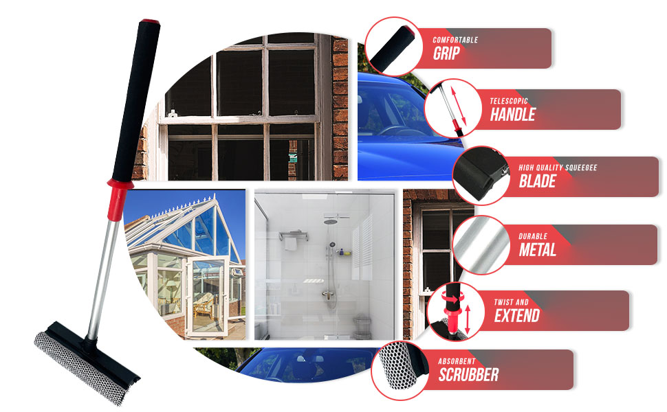 2 in 1 Telescopic Window Squeegee with Durable Squeegee Blade and