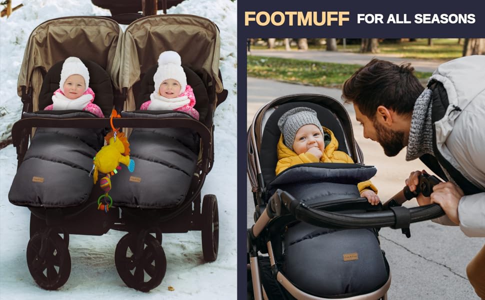 Universal fit footmuff designed for strollers and buggies, providing warmth during cold outings.