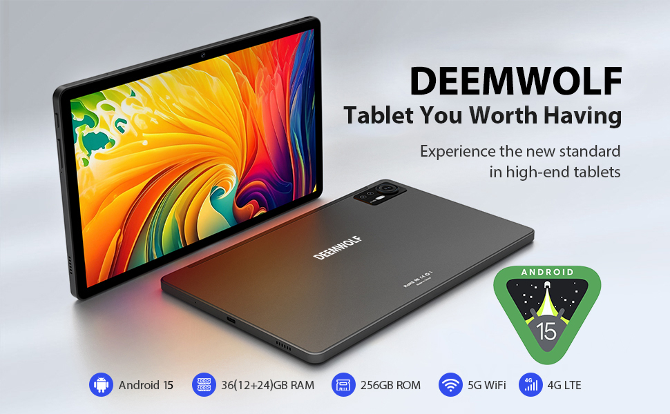 Text reads 'DEEMWOLF' and 'Tablet You Worth Having'. Product banner showing Android tablet with colorful display, multiple tech specification icons indicating storage, RAM, and cellular capabilities.