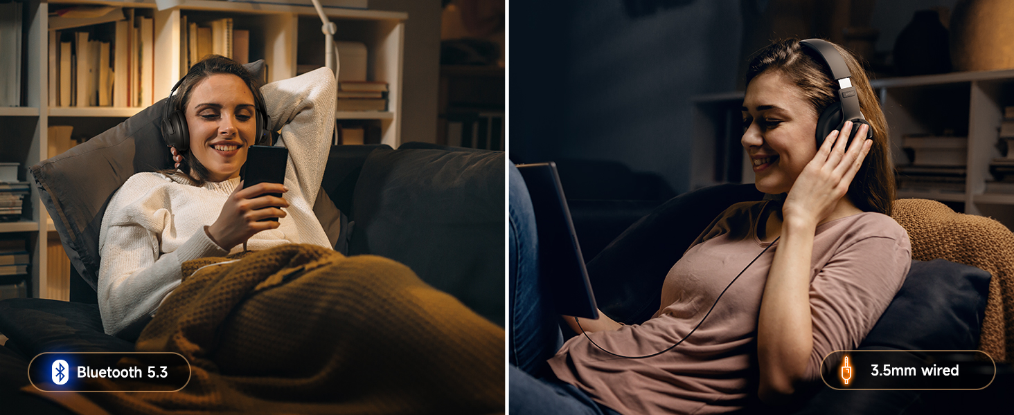Wireless headphones shown in use. Left panel: person using headphones with phone. Right panel: person wearing headphones. Text indicates Bluetooth 5.3 and 3.5mm wired connectivity options.
