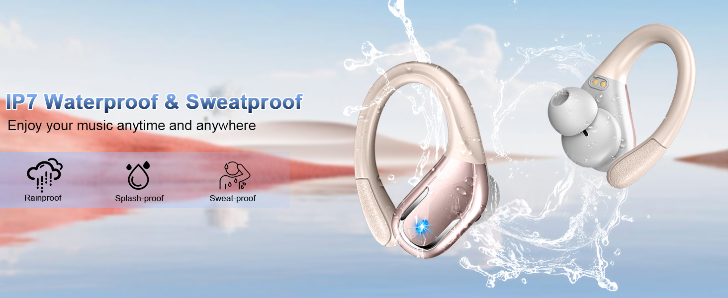 Waterproof wireless earbuds with ear hooks. Image shows product splashing through water, highlighting IP7 waterproof and sweatproof features for use while swimming, running, and showering.