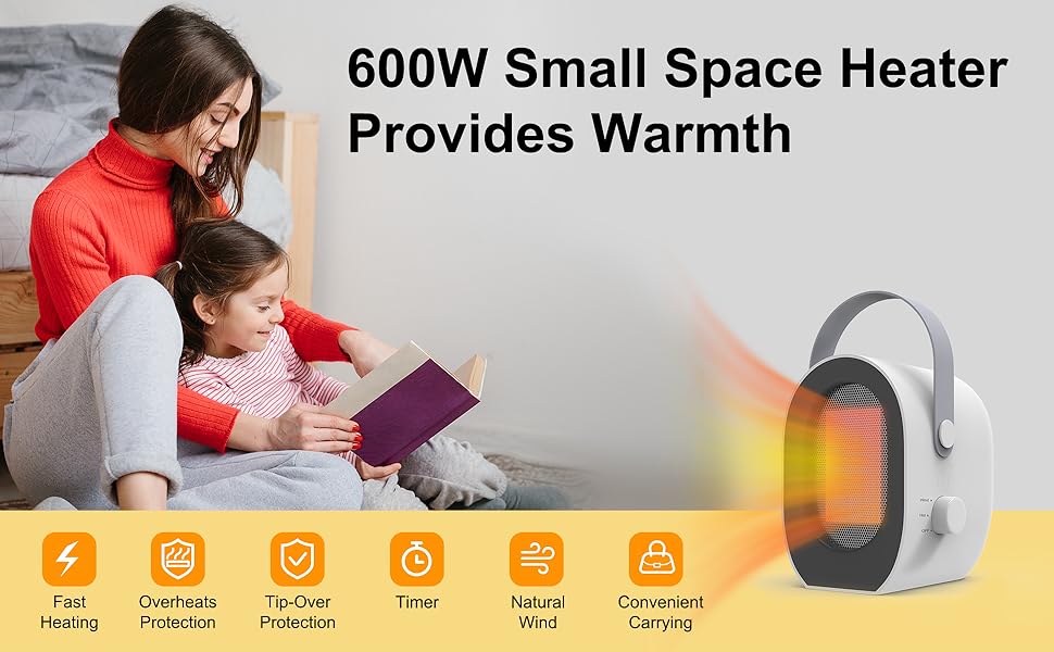 Fan Heater, Portable PTC Ceramic Heaters for Home Low Energy Silent