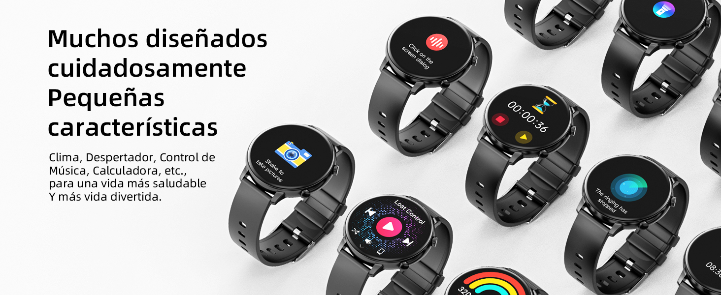 Varios relojes inteligentes con esferas redondas y correas negras. Las pantallas muestran coloridos iconos de aplicaciones. El texto en español describe «cuidadosamente diseñado» con «pequeñas características».